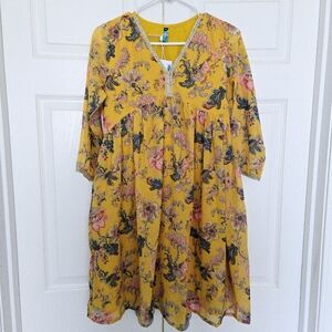 Janasya Indian Women's Floral Yellow Dress Size XS Kurta Top Gold Trim